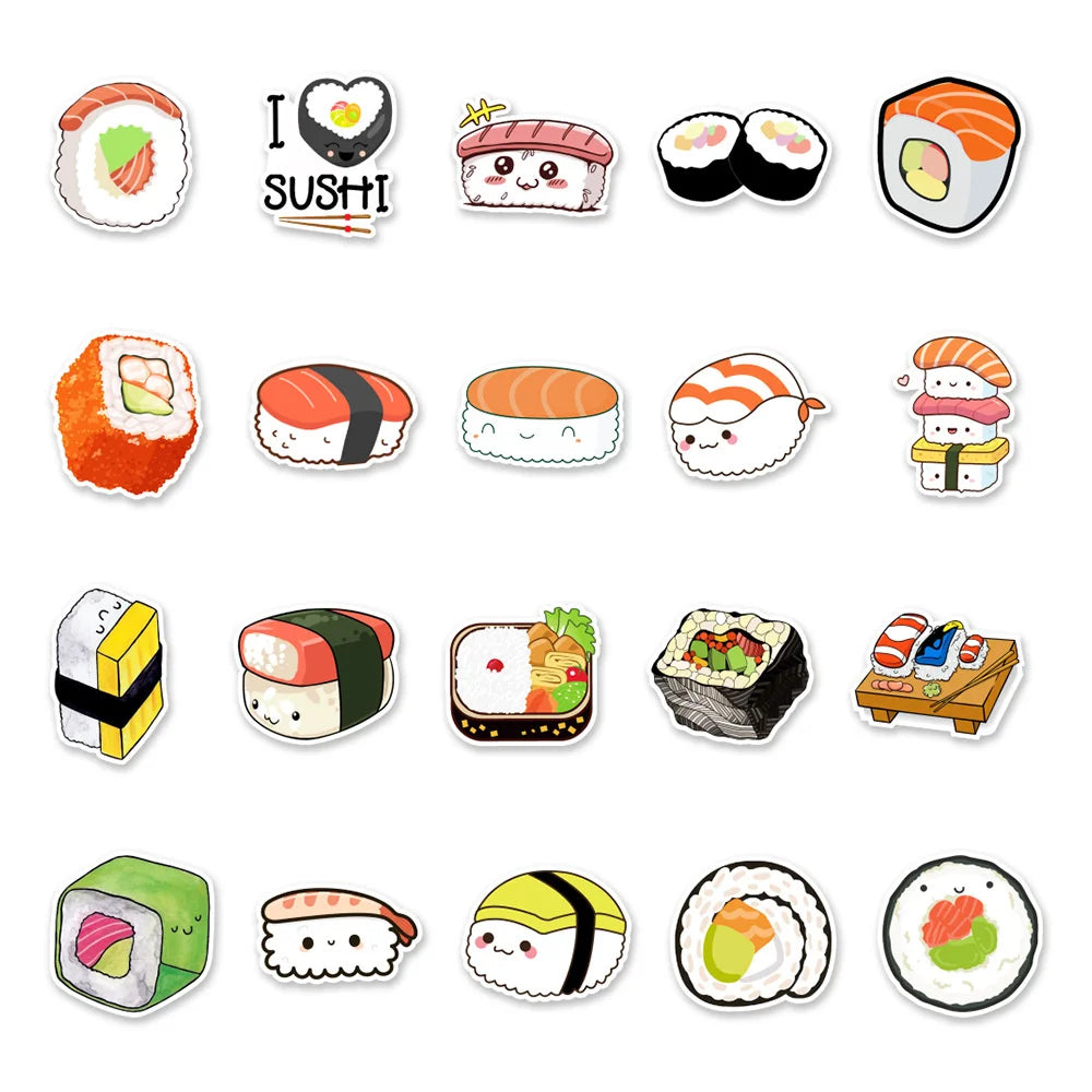 50PCS Cartoon Cute Sushi Food Doodle Stickers Personalized Fashion Creative DIY Exquisite Decorative Decals Toys For Skateboard Guitar Refrigerator Helmet Popular Stickers