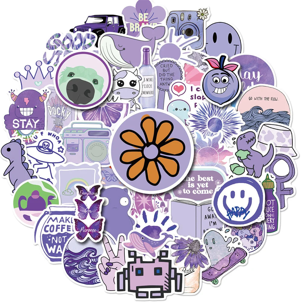 50PCS Purple Series Small Fresh Cartoon Art Stickers For Scooter Laptop Guitar Kids Toys PVC Kawaii Stickers