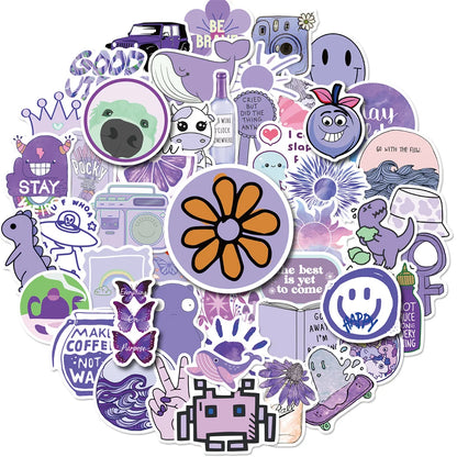 50PCS Purple Series Small Fresh Cartoon Art Stickers For Scooter Laptop Guitar Kids Toys PVC Kawaii Stickers