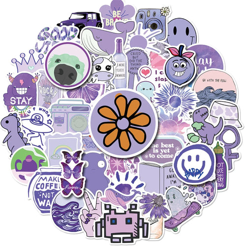 50PCS Purple Series Small Fresh Cartoon Art Stickers For Scooter Laptop Guitar Kids Toys PVC Kawaii Stickers