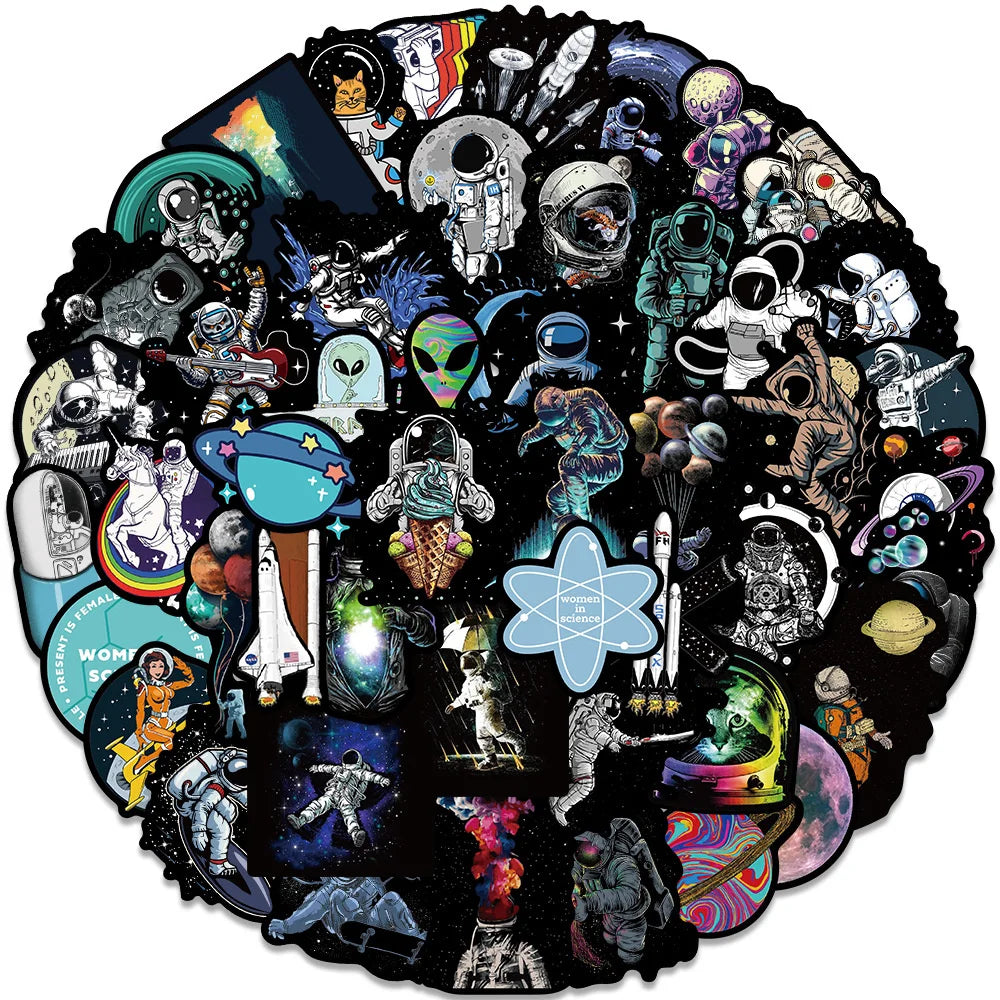 50PCS Cartoon Black Edge Space Astronaut Graffiti Sticker Decoration Suitcase Water Cup Guitar Waterproof Helmet