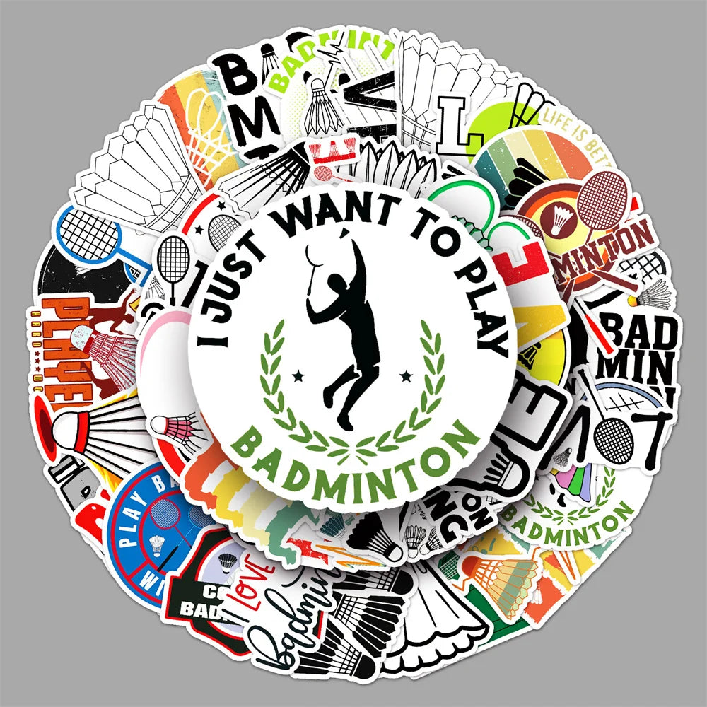 50PCS Badminton Sport Stickers - Racket & Shuttlecock Decals for Water Bottles, Laptops, Gym Bags & Sports Fan Gifts