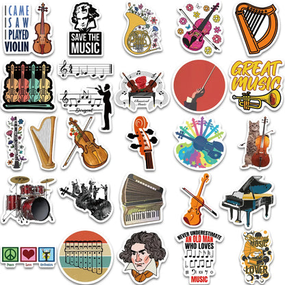 52PCS Cartoon Music Instruments Orchestra Doodle Stickers Personalized Fashion Creative DIY Exquisite Decorative Decals Toys For Luggage Laptop IPad Skateboard Popular Stickers