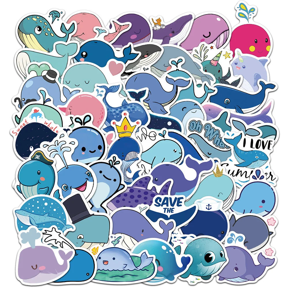 50PCS of cute cartoon whale and Marine animal graffiti stickers, personalized and fashionable DIY creative and exquisite decorative stickers, refrigerator, skateboard, water cup, helmet, guitar, popular sticker toys