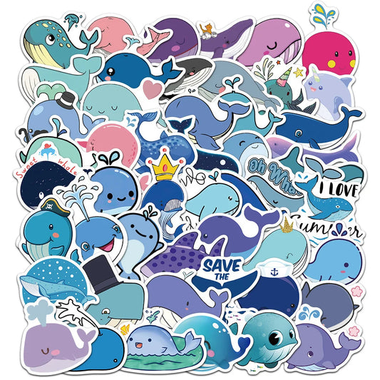 50PCS of cute cartoon whale and Marine animal graffiti stickers, personalized and fashionable DIY creative and exquisite decorative stickers, refrigerator, skateboard, water cup, helmet, guitar, popular sticker toys