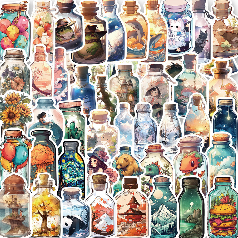 50PCS Cute Glass Jar Doodle Stickers, Cartoon Transparent Bottle Decals for Planners, Journals, and Aesthetic Decor