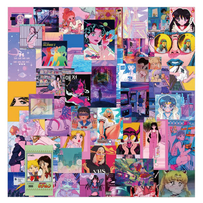 60PCS of cute cartoon steamwave girl graffiti stickers, personalized, fashionable, creative, exquisite and trendy DIY decorative decals, refrigerator, skateboard, water cup, helmet, guitar, popular sticker toys
