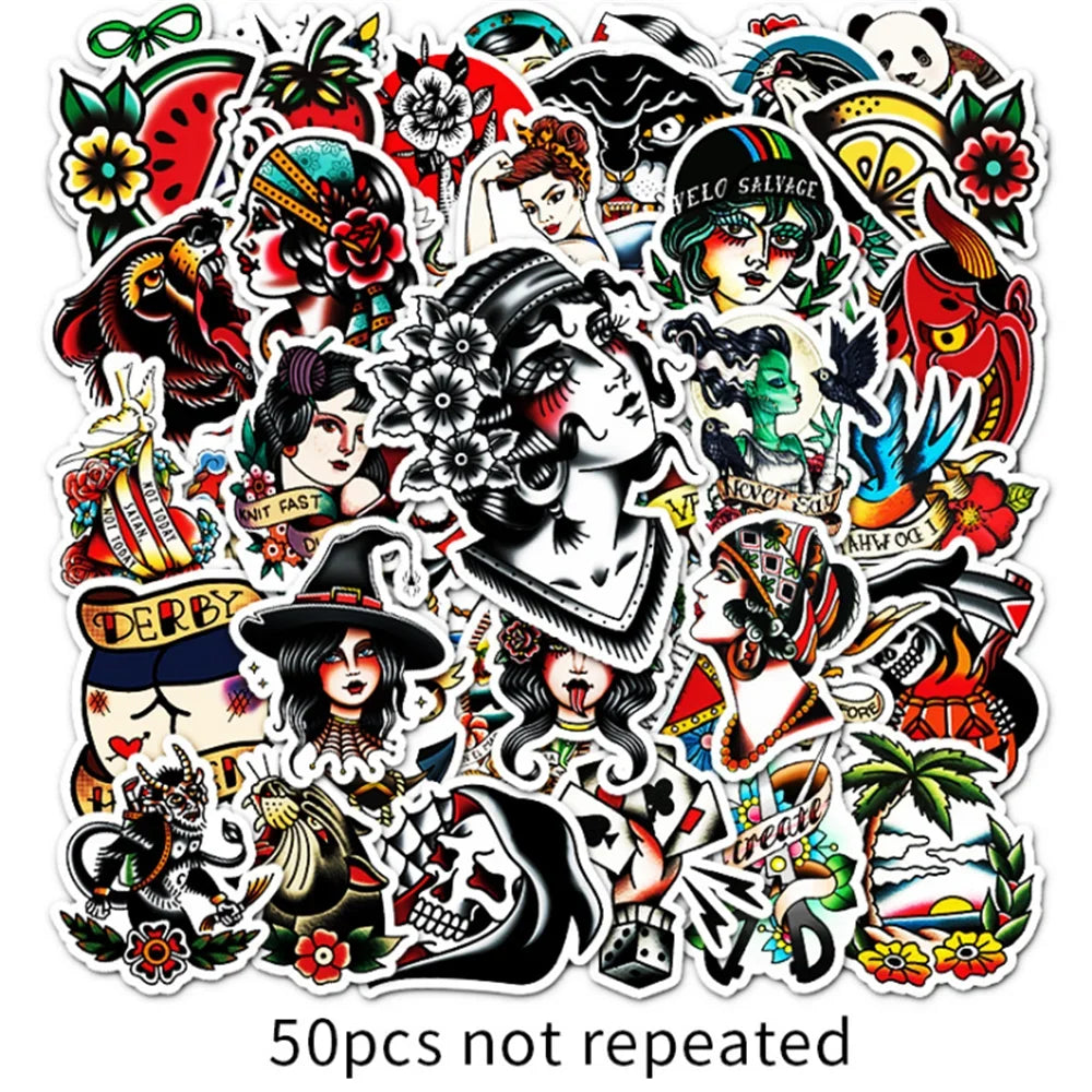 50 pieces of tattoo rose skull pattern graffiti stickers, suitable for planners, notebooks, luggage decoration, waterproof stickers and toys