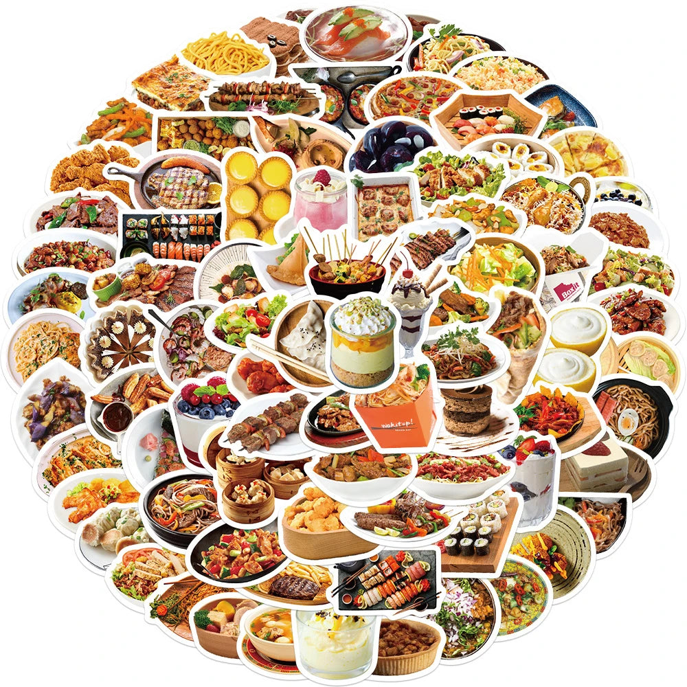 90PCS Cartoon Realistic Food Doodle Stickers for Suitcases, Skateboards, Computers, Laptops, Refrigerators, Water Bottles, Helmets, and More Exquisite DIY Desktop Decorative Decals