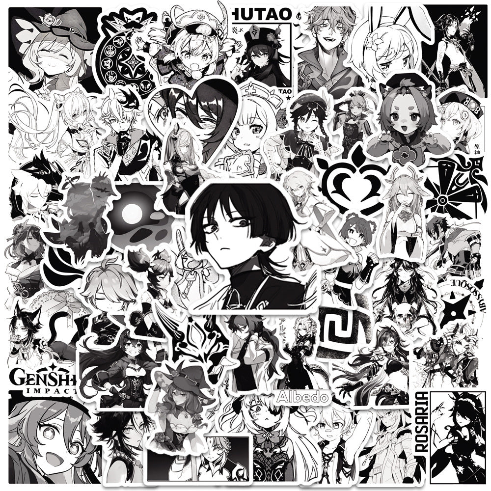 50PCS Cartoon Black & White Genshin Impact Game Doodle Stickers Anime Character Merchandise DIY Decorative Decals for Computer Desks, Guitars, Water Bottles, Skateboards, and Stationery Cases