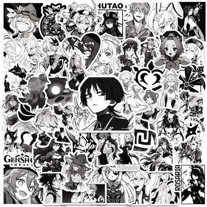50PCS Cartoon Black & White Genshin Impact Game Doodle Stickers Anime Character Merchandise DIY Decorative Decals for Computer Desks, Guitars, Water Bottles, Skateboards, and Stationery Cases