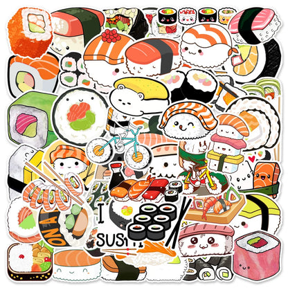 50PCS Cartoon Cute Sushi Food Doodle Stickers Personalized Fashion Creative DIY Exquisite Decorative Decals Toys For Skateboard Guitar Refrigerator Helmet Popular Stickers