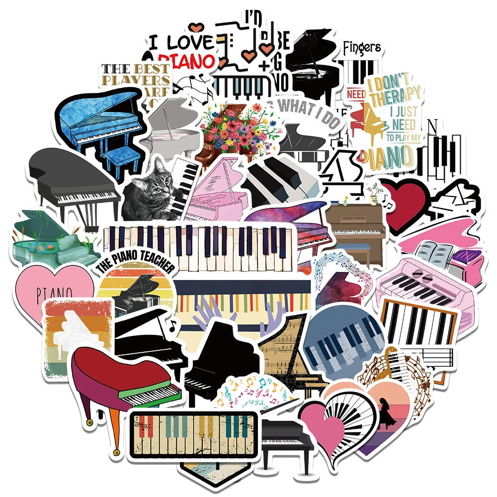 50PCS cartoon piano instrument creative decorative style graffiti stickers, personalized and fashionable creative DIY exquisite decorative decals, water cups, helmets, skateboards, popular sticker toys
