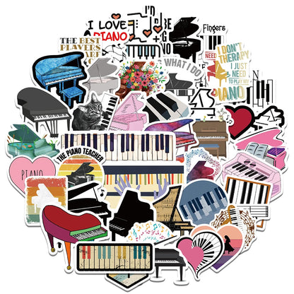 50PCS cartoon piano instrument creative decorative style graffiti stickers, personalized and fashionable creative DIY exquisite decorative decals, water cups, helmets, skateboards, popular sticker toys