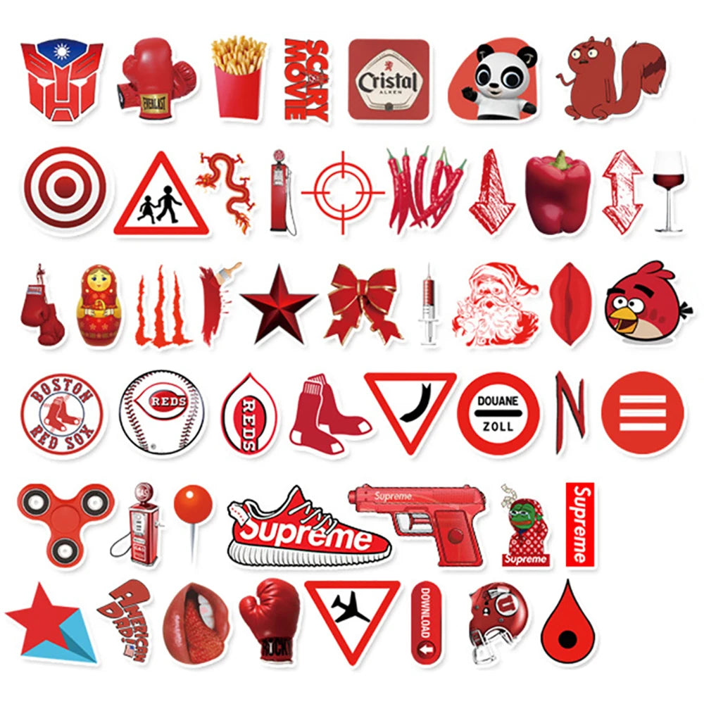 50PCS of red series cartoon graffiti stickers, personalized, fashionable, creative, exquisite and trendy DIY decorative stickers for bags, motorcycles, laptops, cars and popular toys