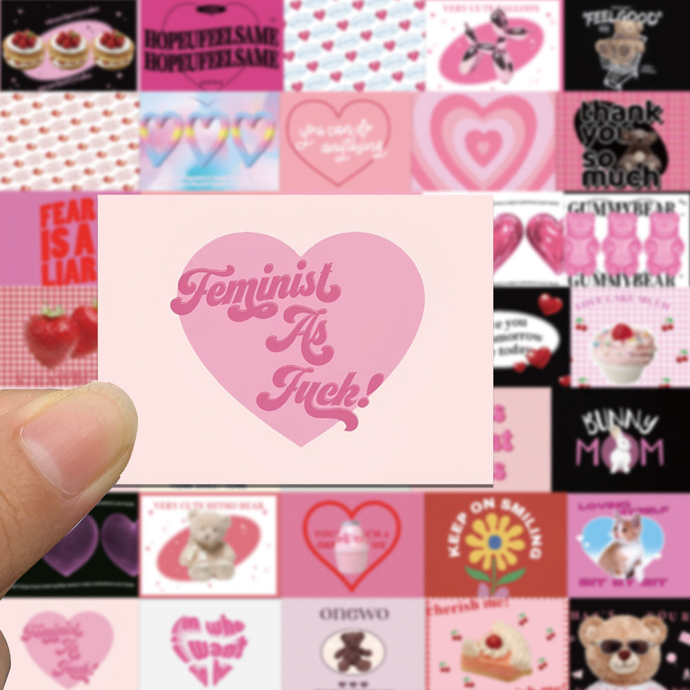 50PCS Pink Vintage Heart Bear Stickers, Cute Cartoon Teddy & Fluffy Friend Doodles for 90s Kid Vibes and Journals