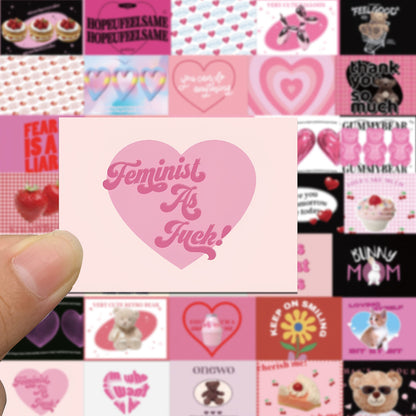 50PCS Pink Vintage Heart Bear Stickers, Cute Cartoon Teddy & Fluffy Friend Doodles for 90s Kid Vibes and Journals