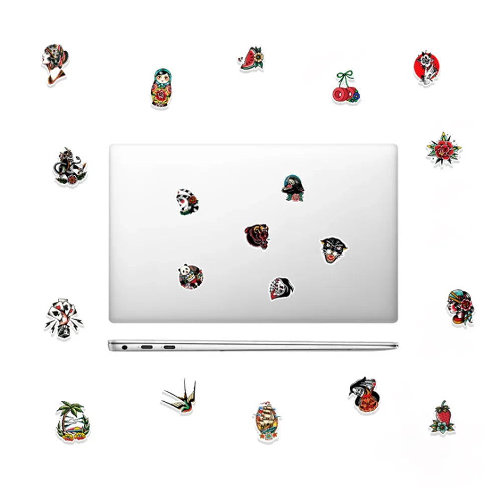 50 pieces of tattoo rose skull pattern graffiti stickers, suitable for planners, notebooks, luggage decoration, waterproof stickers and toys