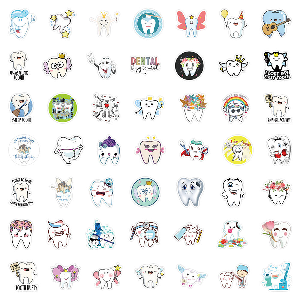 50PCS Dental Health Doodle Stickers, Cute Toothbrush & Cavity Fighter Cartoon Decals for Kids‘ Hygiene Education