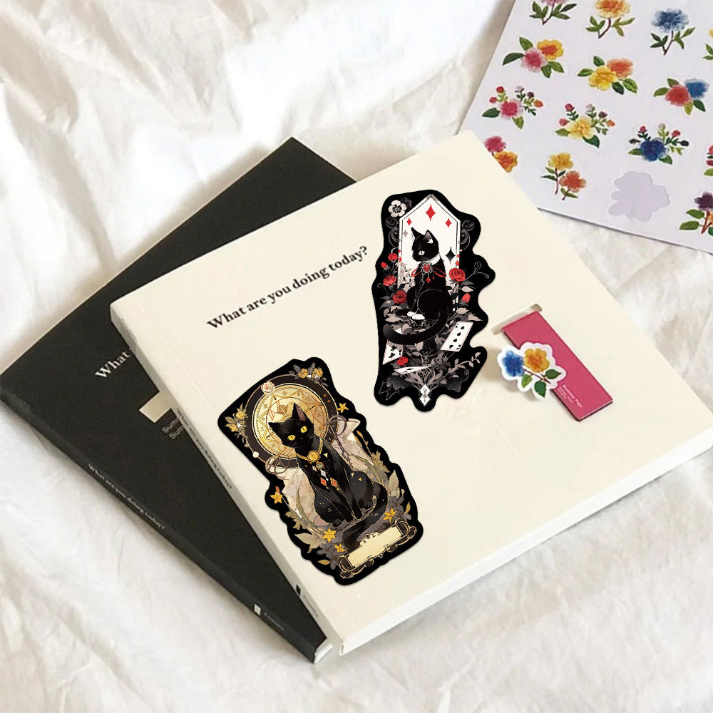 50PCS Mysterious Black Cat Doodle Stickers, Elegant Cartoon Kitten Decals for a Moonlit Aesthetic and Witchy Vibes