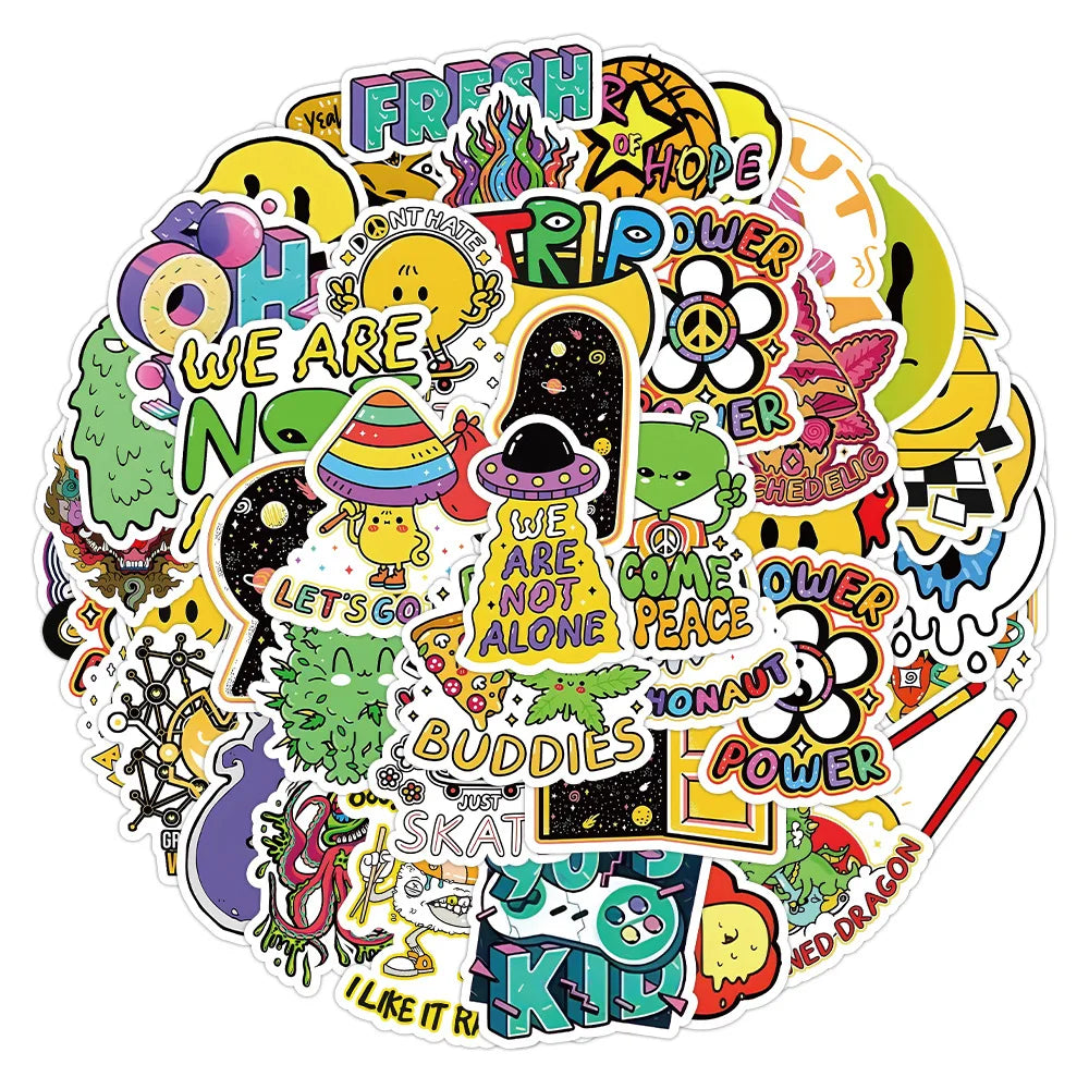 50PCS New Popular Cartoon Acid Pattern Sticker Pack Skateboard Decoration Ipad DIY Laptop Waterproof PVC Graffiti