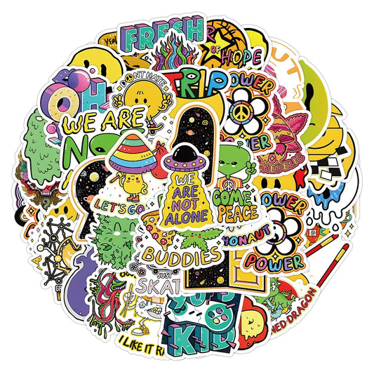 50PCS New Popular Cartoon Acid Pattern Sticker Pack Skateboard Decoration Ipad DIY Laptop Waterproof PVC Graffiti