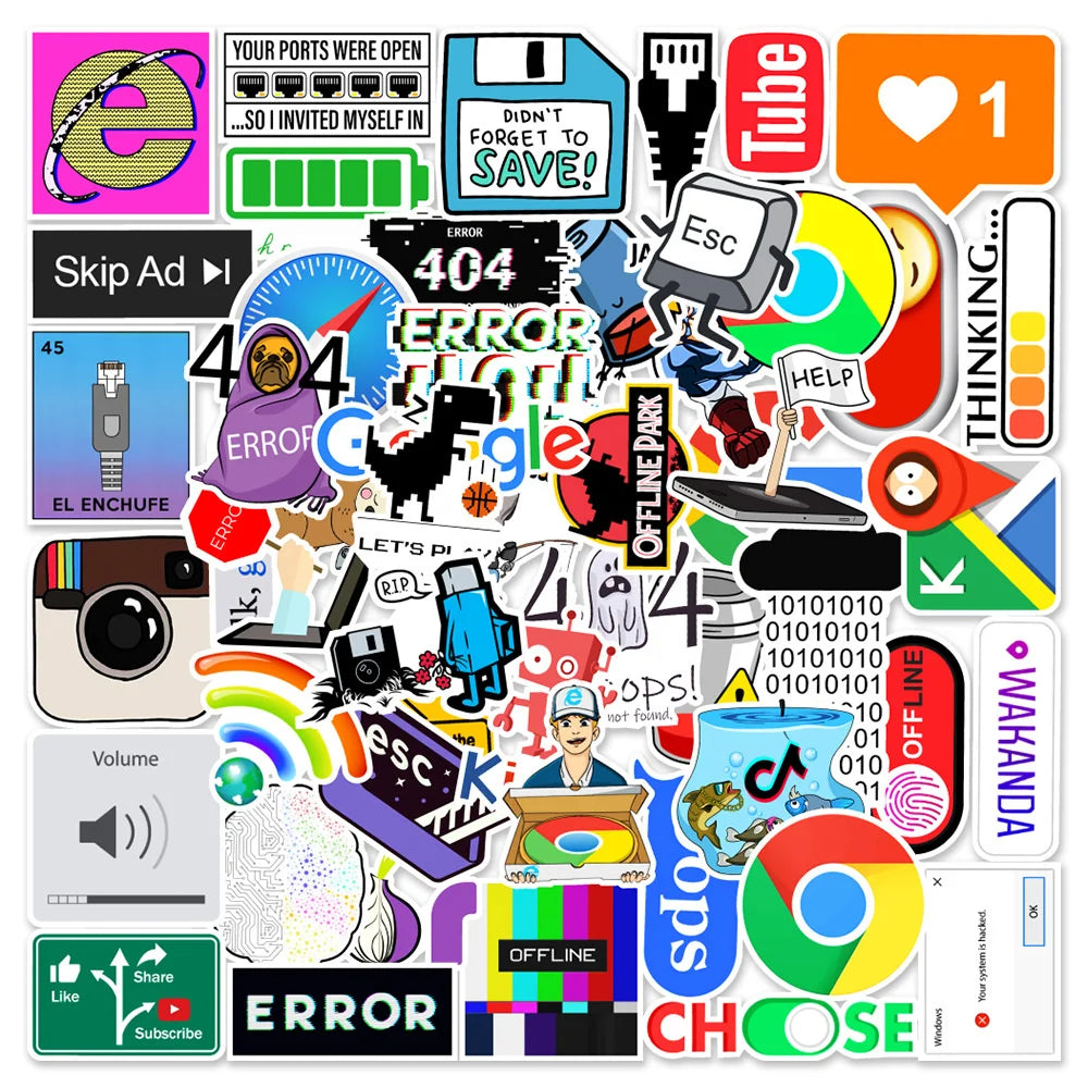 50PCS 404 Network Error Graffiti Stickers Personalised Fashion Creative DIY Exquisite Decorative Stickers Mobile Phone Computer Skateboard Helmet Popular Decals Toys