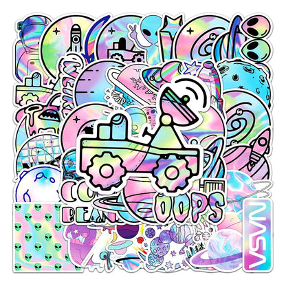 50PCS Laser Cartoon Planet Outer Space Sticker Luggage Computer IPad Skateboard Motorcycle Waterproof Sticker