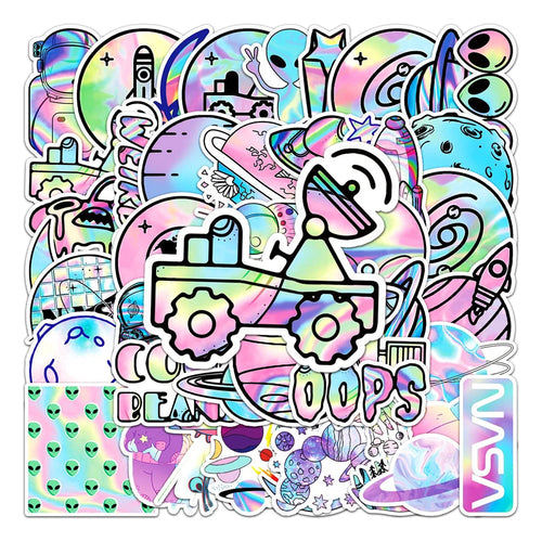 50PCS Laser Cartoon Planet Outer Space Sticker Luggage Computer IPad Skateboard Motorcycle Waterproof Sticker