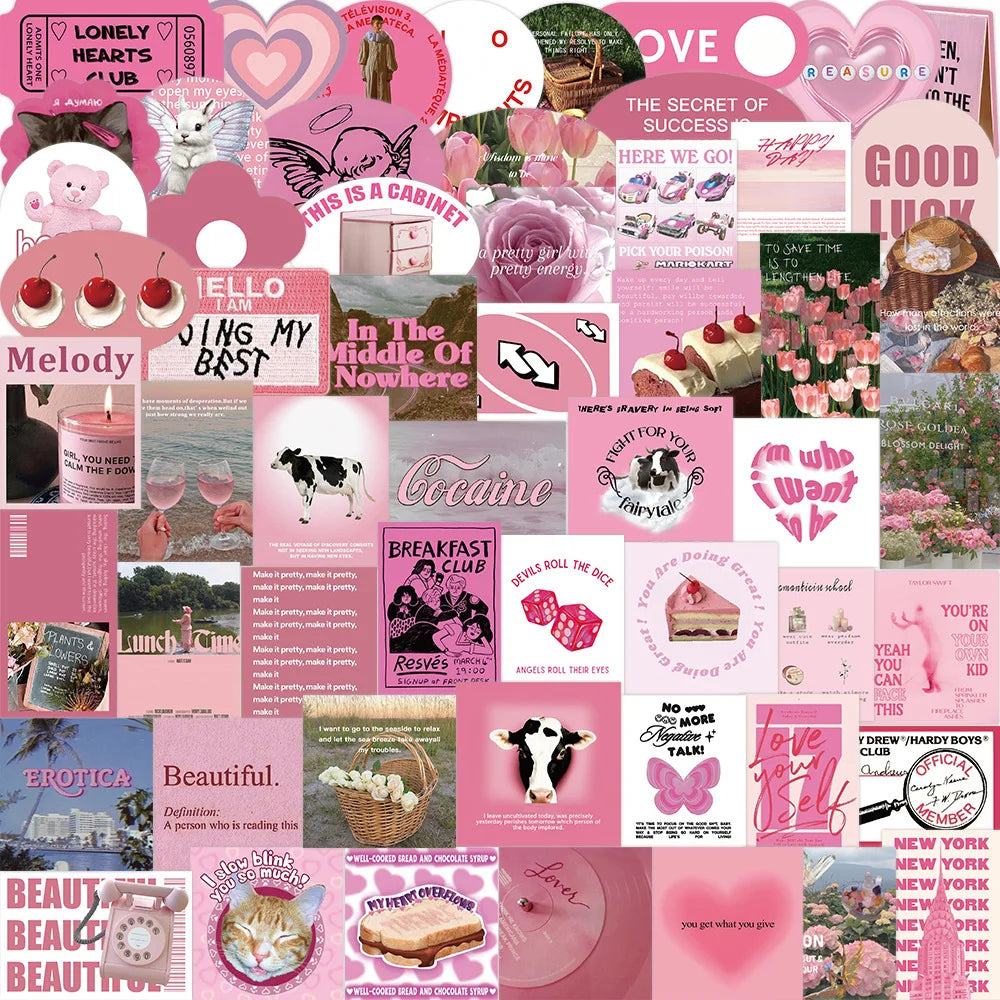 56PCS Cartoon INS Pink English Flowers Graffiti Stickers Personality Fashion Creative DIY Decorative Stickers Skateboard Helmet Guitar Fridge Popular Decals Toys