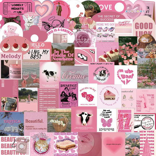 56PCS Cartoon INS Pink English Flowers Graffiti Stickers Personality Fashion Creative DIY Decorative Stickers Skateboard Helmet Guitar Fridge Popular Decals Toys