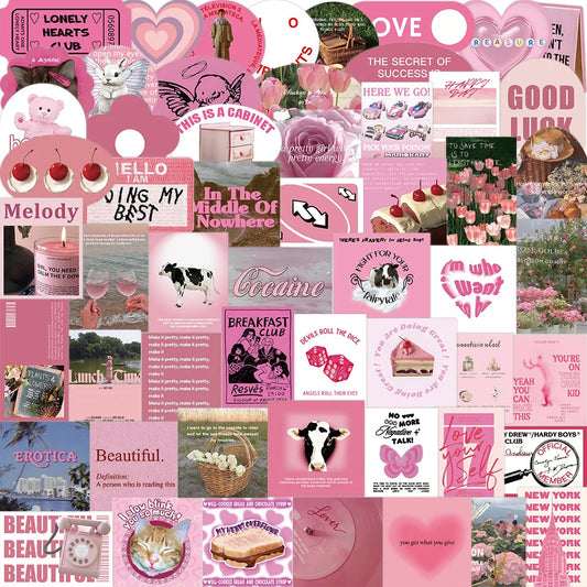 56PCS Cartoon INS Pink English Flowers Graffiti Stickers Personality Fashion Creative DIY Decorative Stickers Skateboard Helmet Guitar Fridge Popular Decals Toys