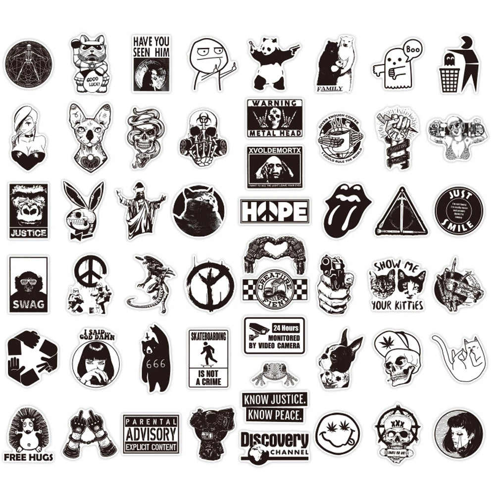 100 pieces of cartoon black and white cool punk graffiti stickers, personalized, fashionable and creative DIY beautiful and trendy decorative decal toys, skateboards, refrigerators, suitcases, laptops, popular stickers