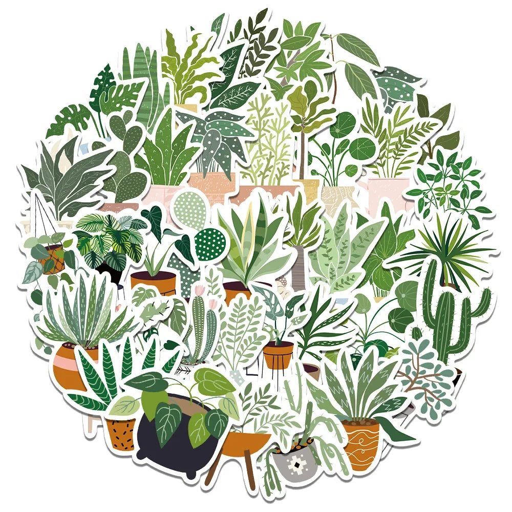 44PCS Cartoon Ins Style Greenery Potted Plants Graffiti Stickers Personalized Fashion Creative Trend DIY Decorative Stickers Ipad Helmet Refrigerator Skateboard Popular Decals Toys