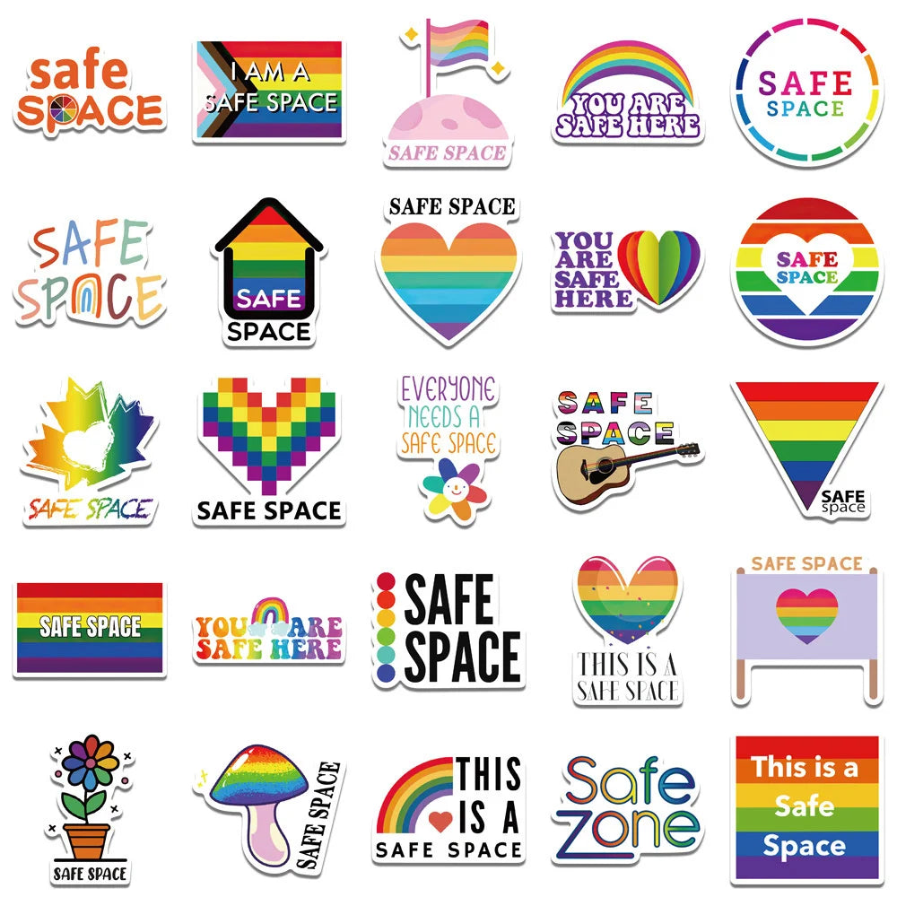 50PCS LGBTQ logo safety space rainbow graffiti stickers, personalized, fashionable and creative DIY exquisite decorative decals, refrigerator skateboard, water cup, helmet, guitar, popular stickers