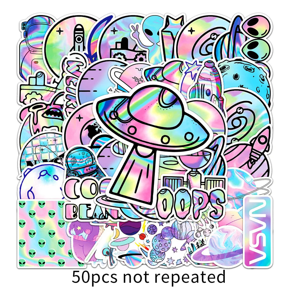 50PCS Cartoon Laser Outer Space Planet Doodle Stickers Exquisite and Stylish DIY Journal Decorative Decals Suitable for Water Bottles, Suitcases, Notebooks, Skateboards, Helmets, and Stationery Cases