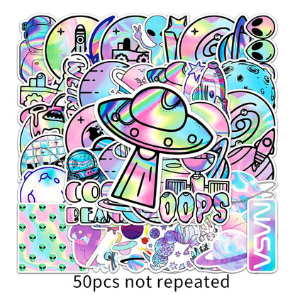 50PCS Cartoon Laser Outer Space Planet Doodle Stickers Exquisite and Stylish DIY Journal Decorative Decals Suitable for Water Bottles, Suitcases, Notebooks, Skateboards, Helmets, and Stationery Cases