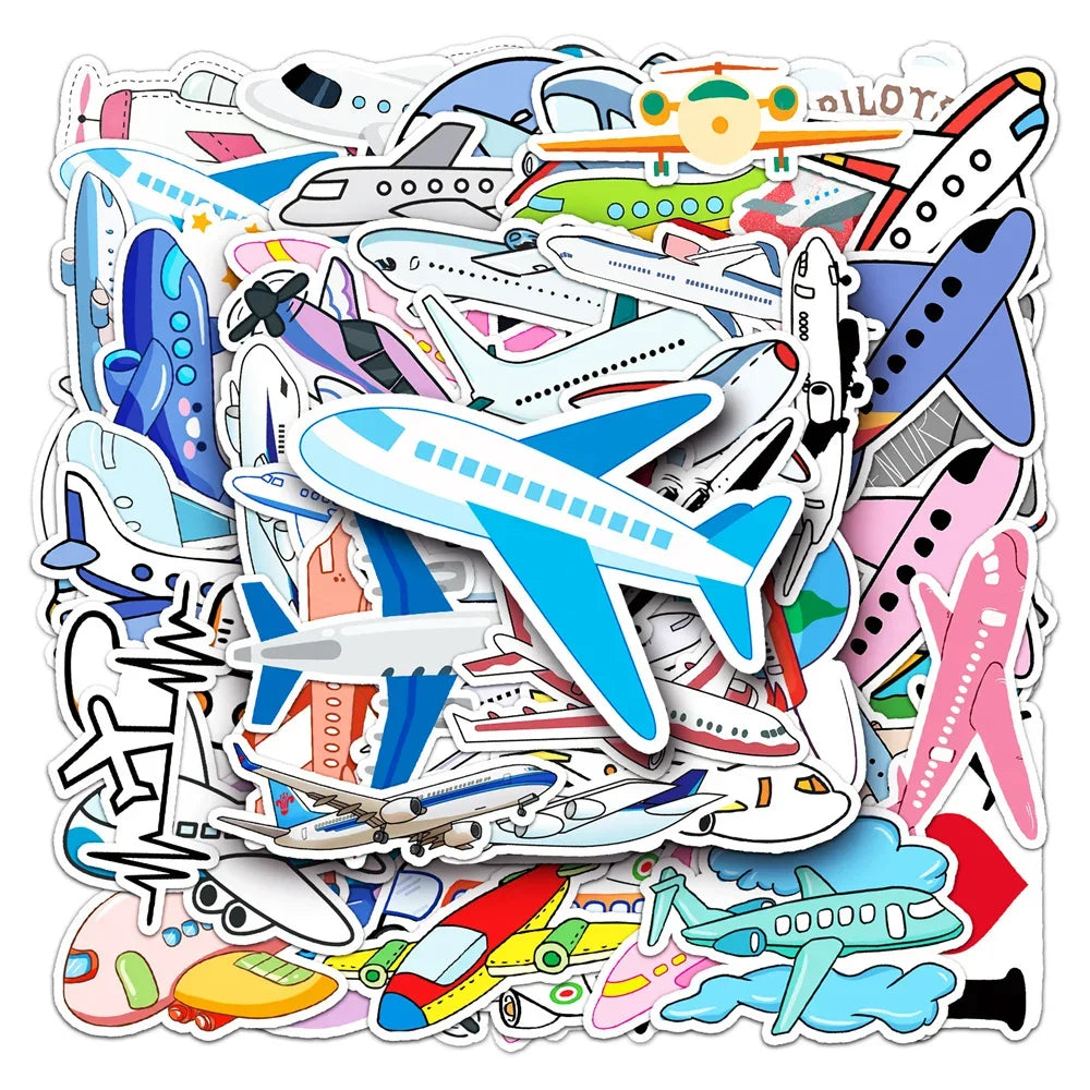 50PCS Cartoon Airplane Cute Sticker for Toys Luggage Laptop IPad DIY Guitar Skateboard Refrigerator  Waterproof