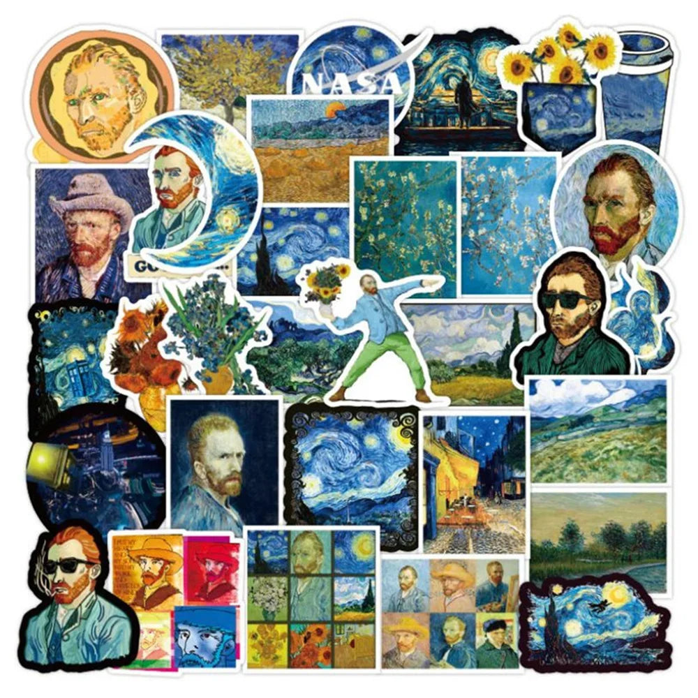 50PCS Cartoon Van Gogh Oil Painting Exhibition Diary Book Graffiti Luggage Laptop DIY Helmet Decoration Sticker