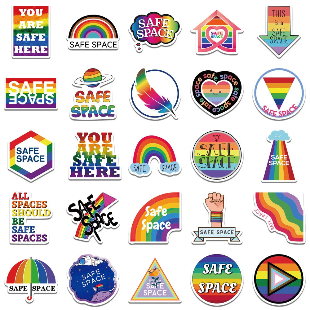 50PCS LGBTQ logo safety space rainbow graffiti stickers, personalized, fashionable and creative DIY exquisite decorative decals, refrigerator skateboard, water cup, helmet, guitar, popular stickers