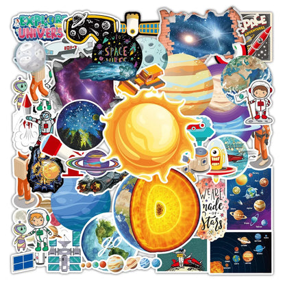 65PCS Space Planet Outer Space Cartoon Doodle Stickers Personalized Creative Trend Decorative Stickers Luggage Laptop Skateboards Cell Phone Shells Fashion Popular Decals Gift Toys