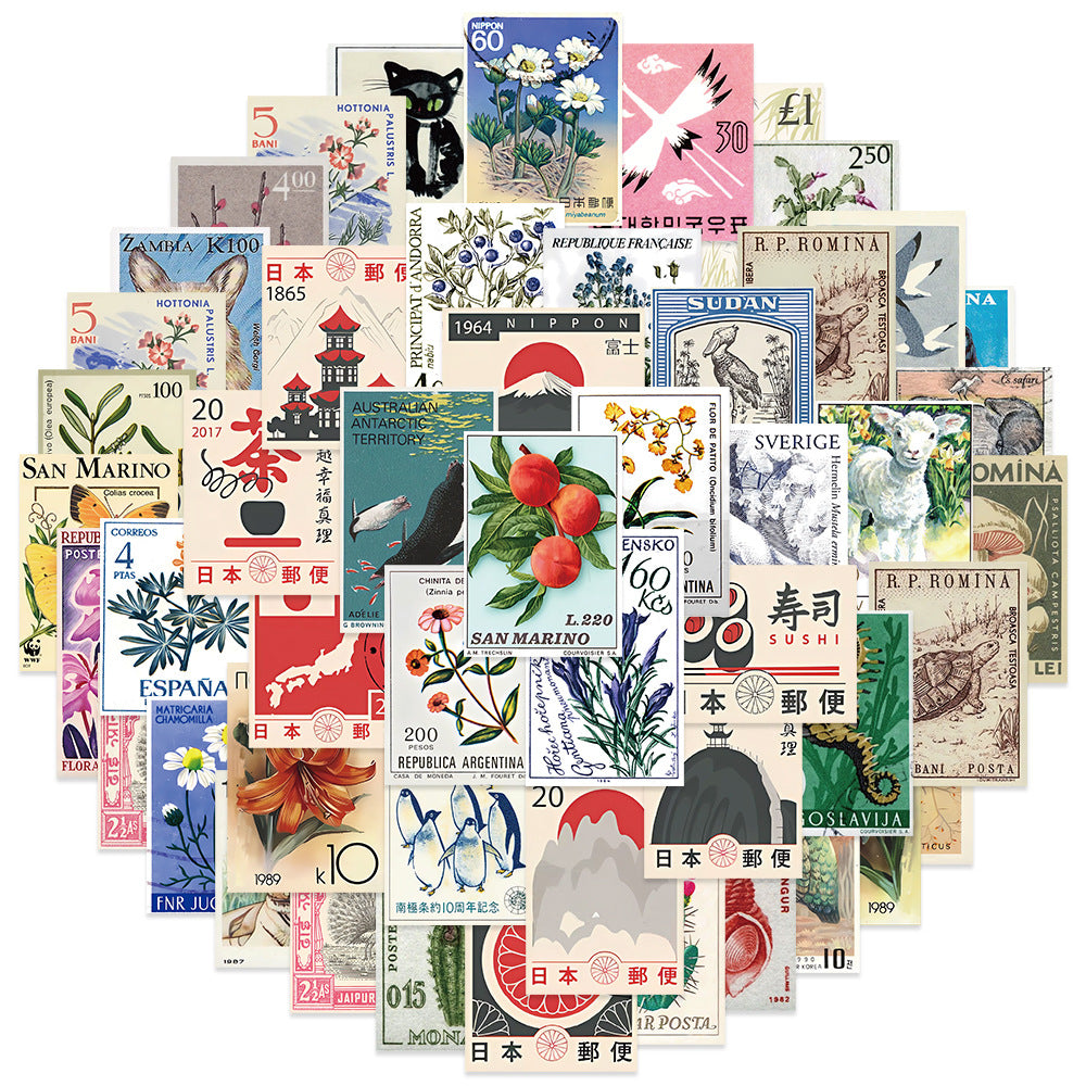 50PCS Cartoon Japanese Retro Travel Stamp Doodle Stickers Exquisite Fashion Creative DIY Journal Decorative Decals Suitable for Skateboards, Guitars, Laptops, Helmets, and Stationery Boxes
