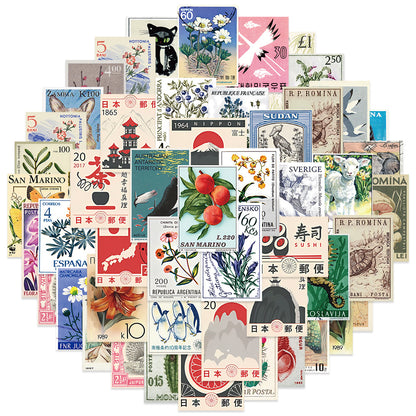 50PCS Cartoon Japanese Retro Travel Stamp Doodle Stickers Exquisite Fashion Creative DIY Journal Decorative Decals Suitable for Skateboards, Guitars, Laptops, Helmets, and Stationery Boxes