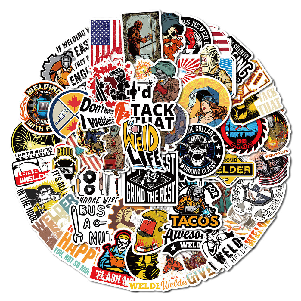 50PCS Welding Doodle Stickers, Arc Welder & Spark Cartoon Decals for Makers, Metalworkers, and Toolbox Vibes