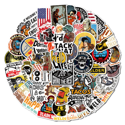 50PCS Welding Doodle Stickers, Arc Welder & Spark Cartoon Decals for Makers, Metalworkers, and Toolbox Vibes