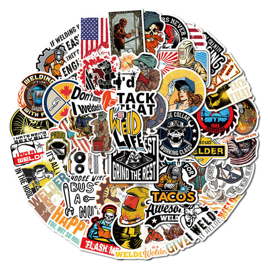 50PCS Welding Doodle Stickers, Arc Welder & Spark Cartoon Decals for Makers, Metalworkers, and Toolbox Vibes