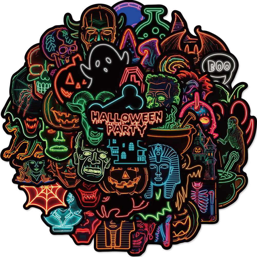 50PCS Neon Halloween Stickers, Glow-in-the-Dark Cartoon Doodles for Party Decor, Laptops, and Festive Vibes
