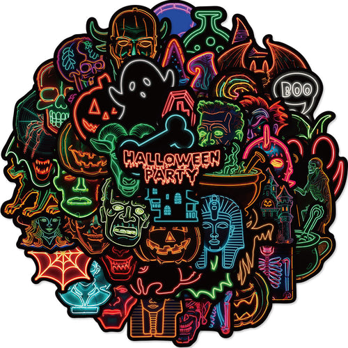50PCS Neon Halloween Stickers, Glow-in-the-Dark Cartoon Doodles for Party Decor, Laptops, and Festive Vibes