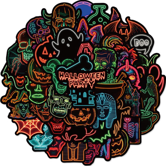 50PCS Neon Halloween Stickers, Glow-in-the-Dark Cartoon Doodles for Party Decor, Laptops, and Festive Vibes