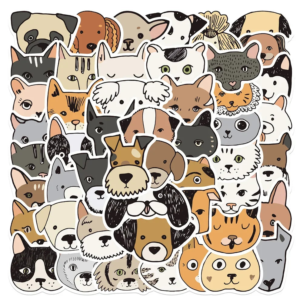 50PCS Cartoon Cat Dog Mixed Graffiti Waterproof Sticker Personalized Decoration Notebook Water Cup Helmet Guitar